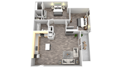 a floor plan of a one bedroom apartment with two bathrooms and a balcony